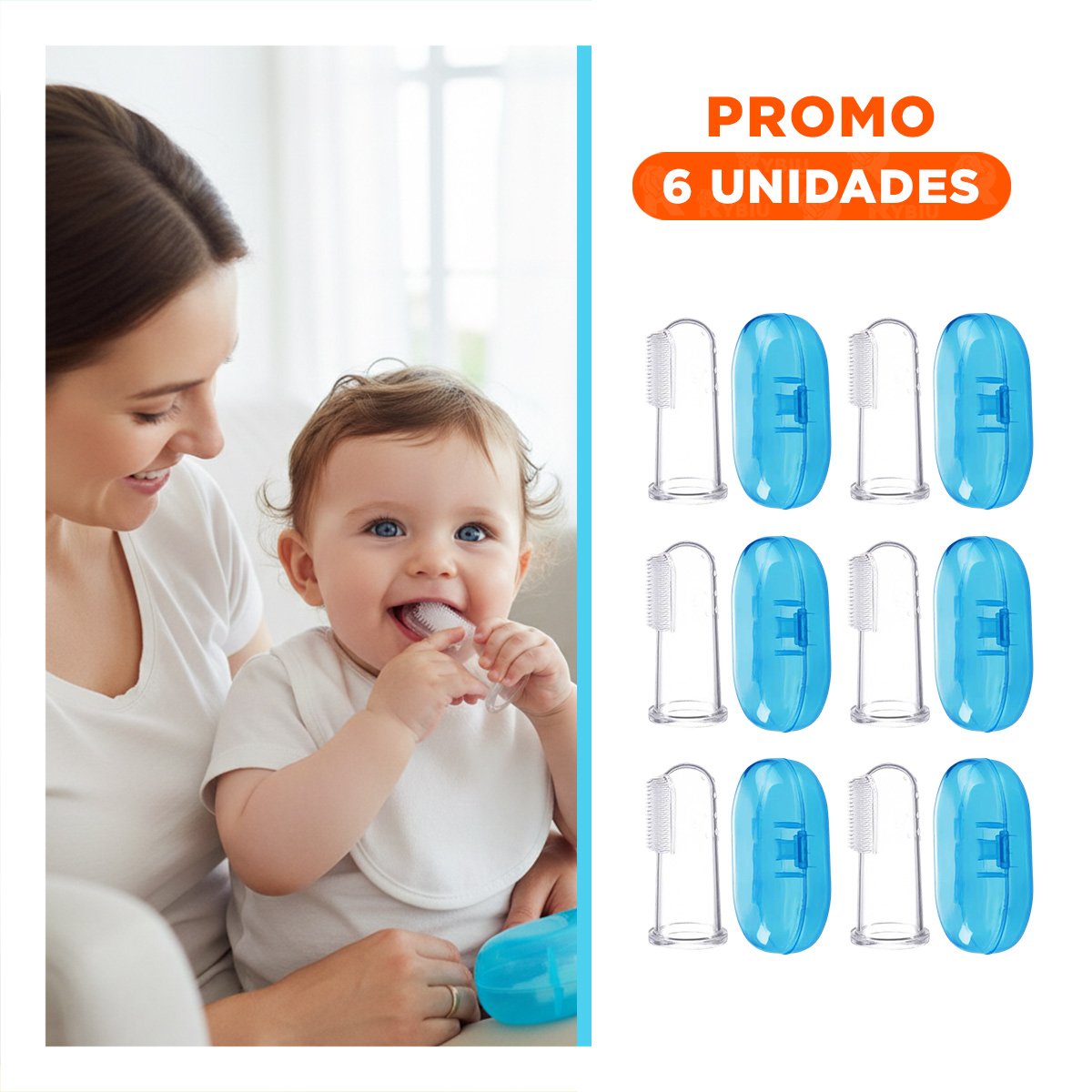 PACK6 MASAJEADOR BUCAL DISENO DEDAL PARA BEBE CON ESTUCHE AZUL PARA USO - 1