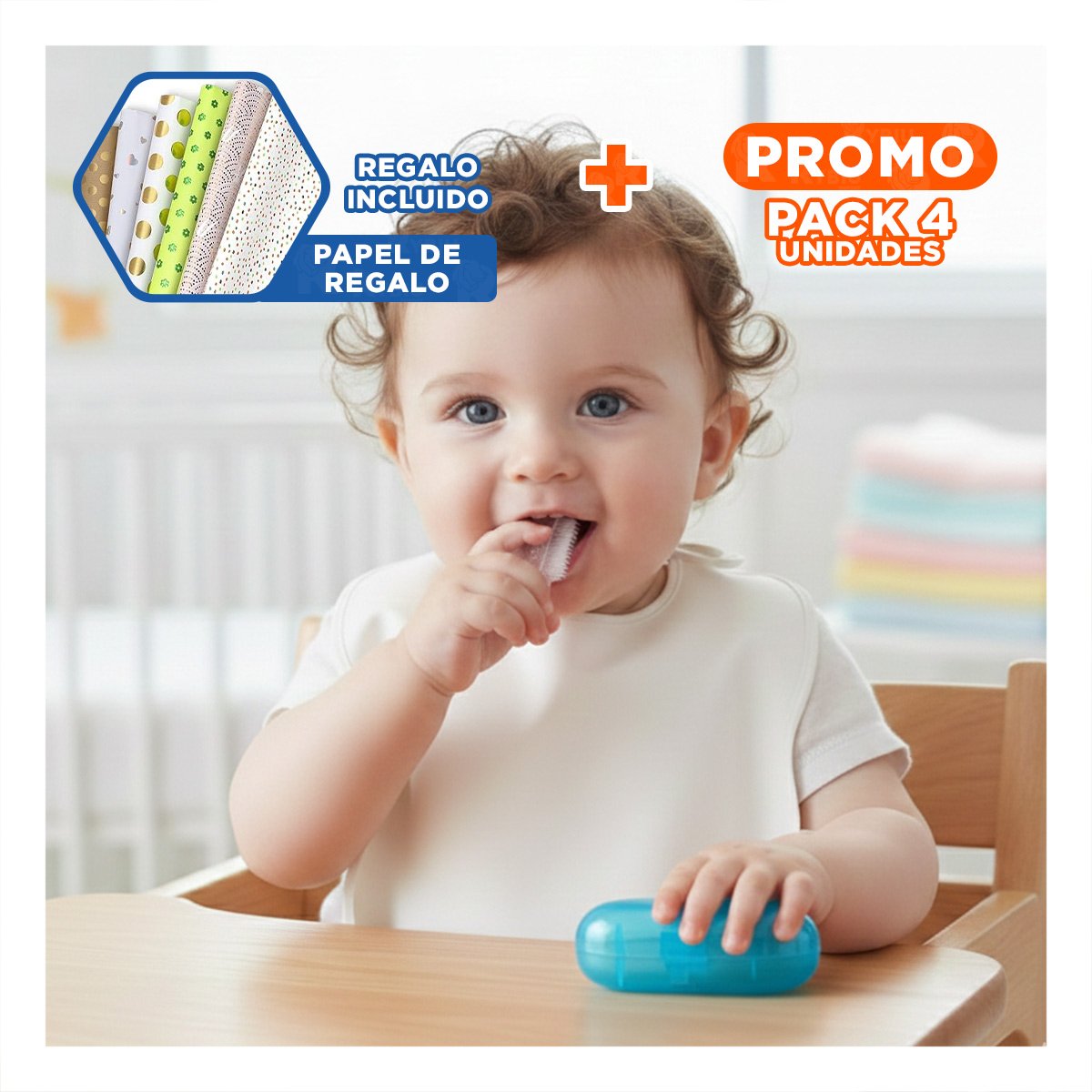 PACK4 ACCESORIO DENTAL MODELO DEDAL PARA BEBE CON ESTUCHE AZUL DE RESISTENCIA Y+PAPEL REGALO - 1