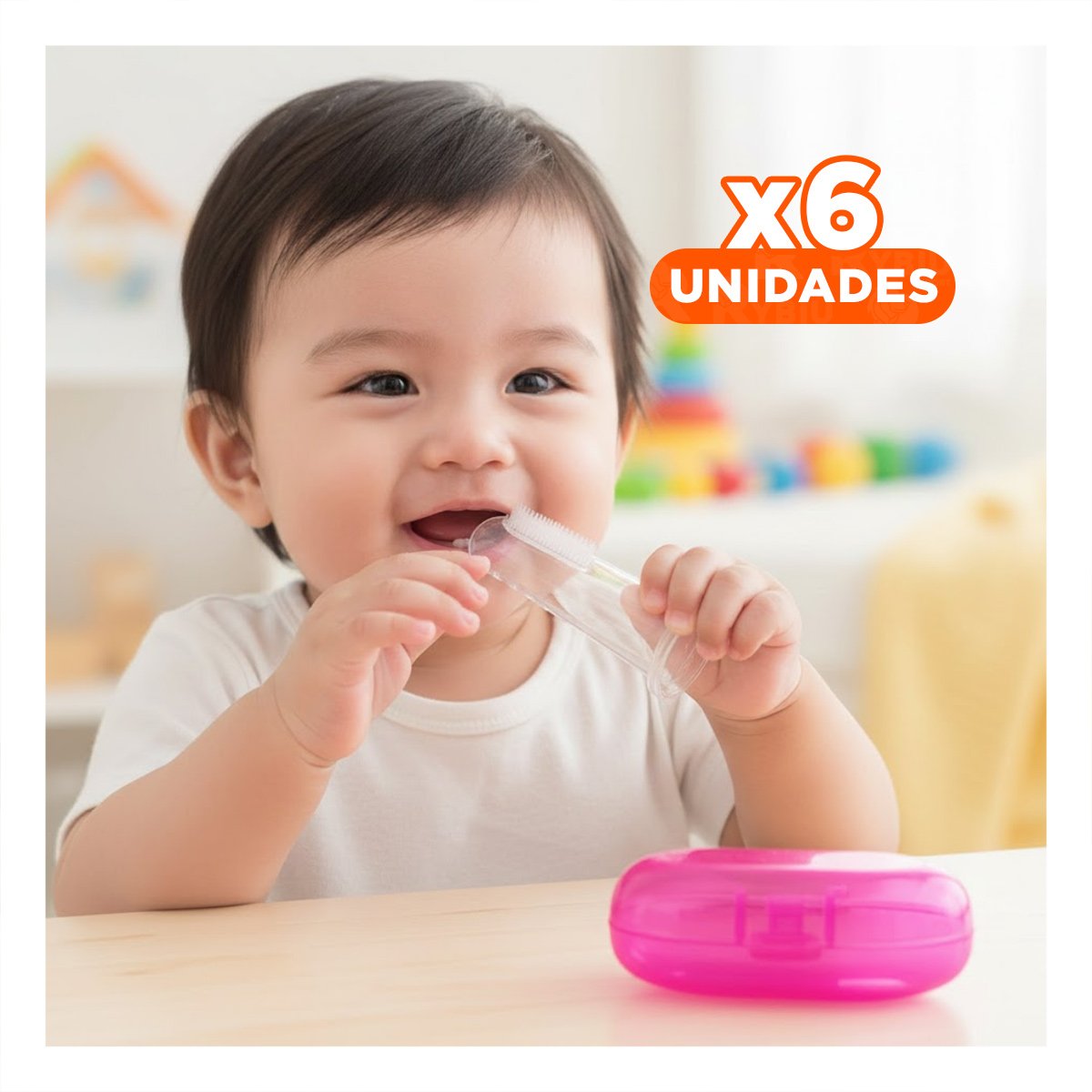 PACK6 LIMPIADOR DENTAL ESTILO DEDAL PARA BEBE CON ESTUCHE ROSA DE CUIDADO Y+REGALO STICKER - 1
