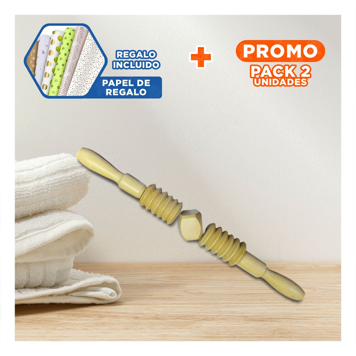 PACK2 HERRAMIENTA ERGONOMICA DE MADERA 40X4,5CM MOSTAZA CON GIRO FLUIDO Y+PAPEL REGALO - 1