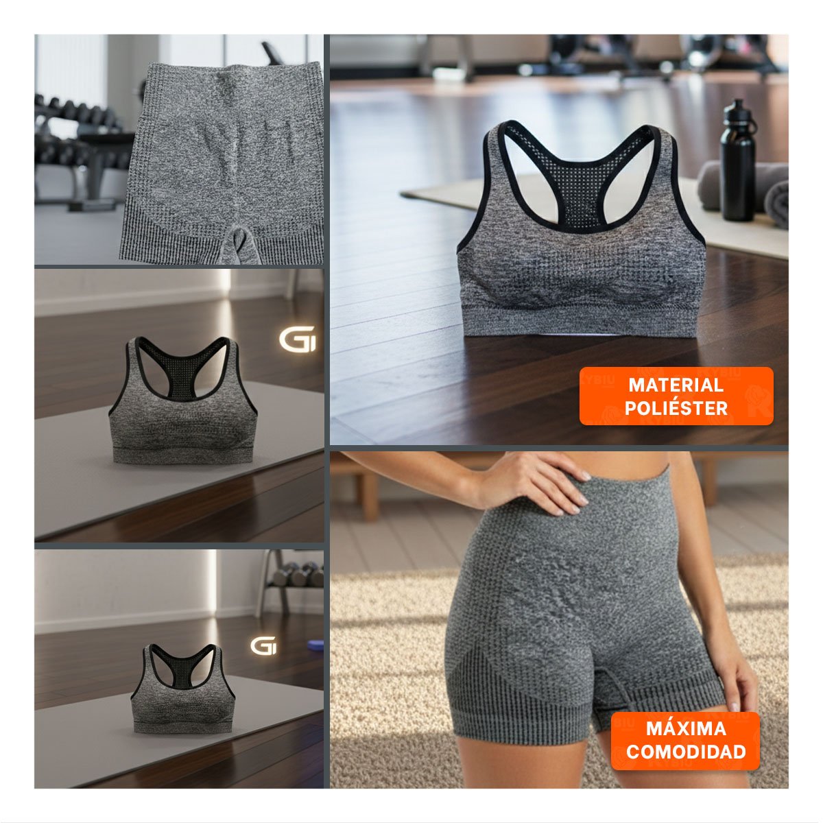PACK6 EQUIPO FITNESS TOP Y SHORT FITNESS YOGA PLOMO CON AJUSTE COMODO Y+PAPEL REGALO - 3