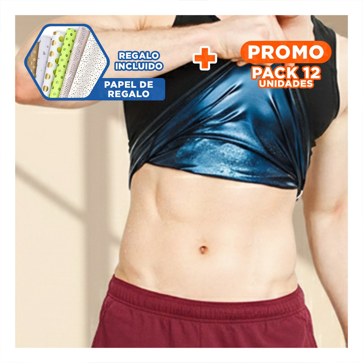 PACK12 CINTILLA TERMO ACTIVA EFECTO SAUNA HOMBRE TALLA L XL NEGRO CON SOPORTE Y+PAPEL REGALO - 1