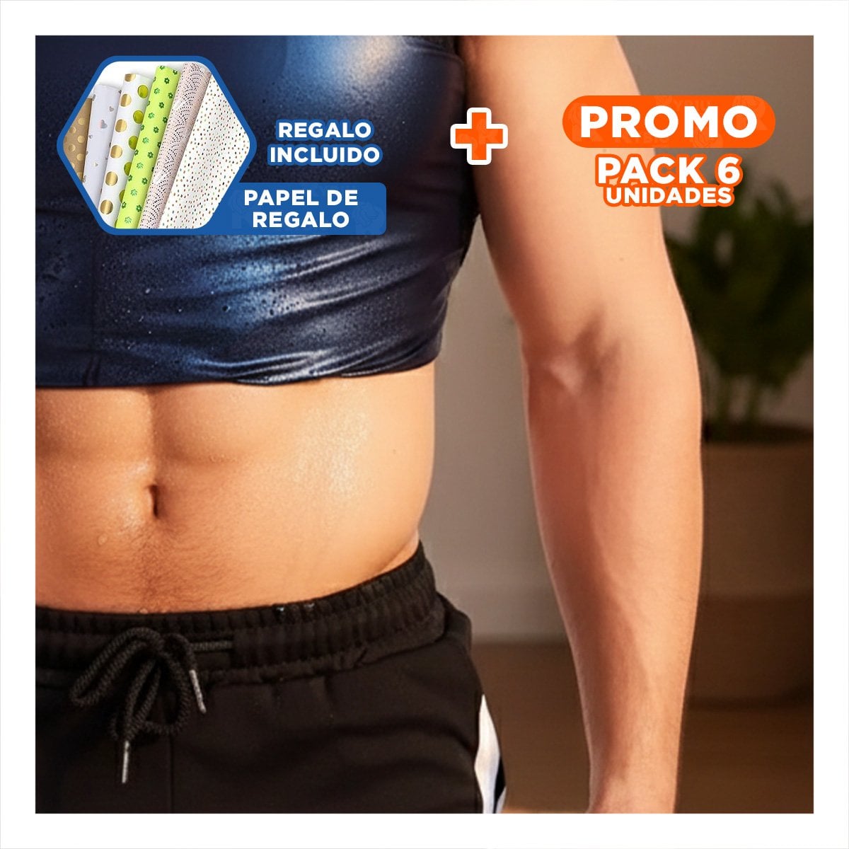 PACK6 BANDA FITNESS PLUS EFECTO SAUNA HOMBRE TALLA L XL NEGRO Y+PAPEL REGALO - 1