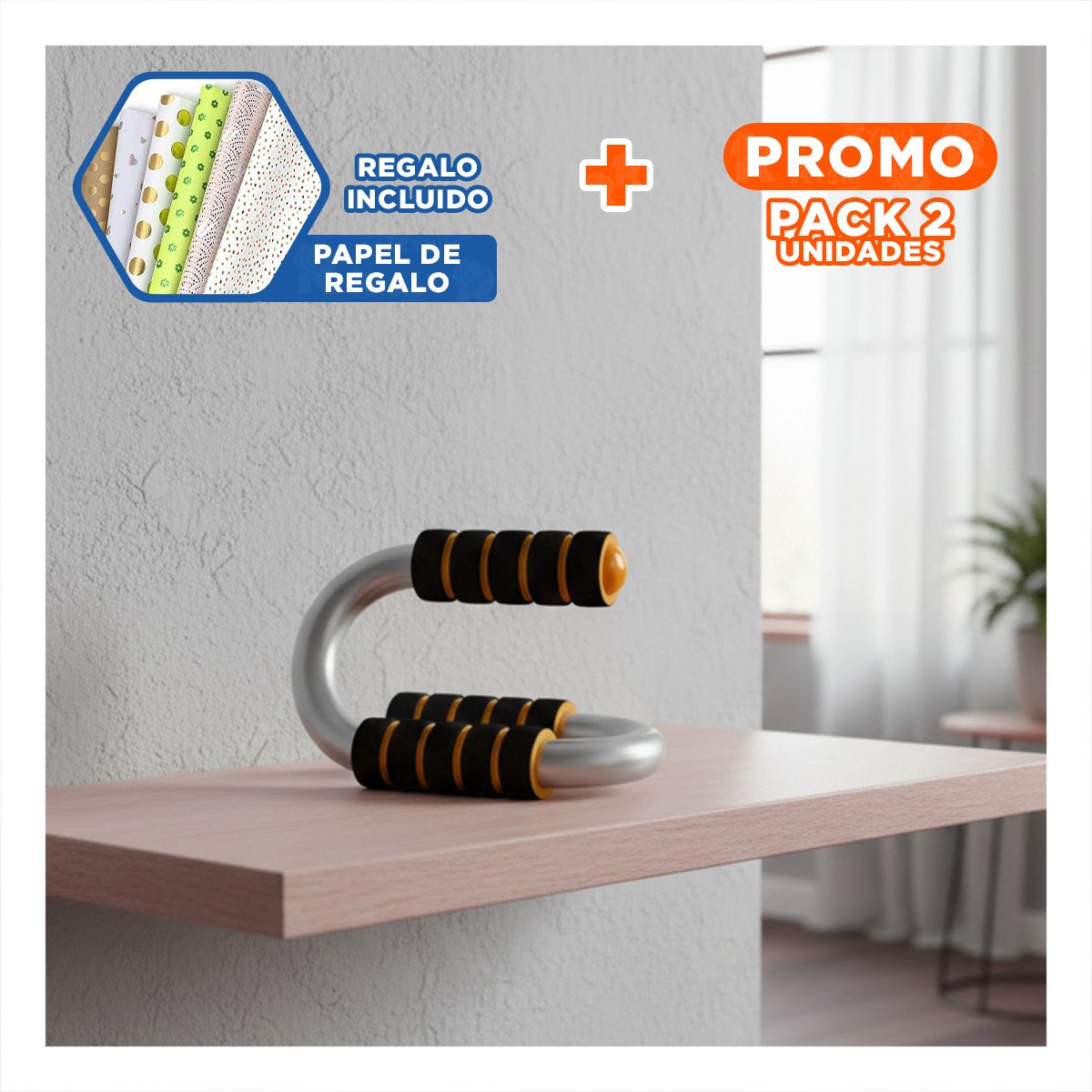 PACK2 SET FITNESS PUSH UP EN FORMA DE S NARANJA CON BASE COMPACTA Y+PAPEL REGALO - 1