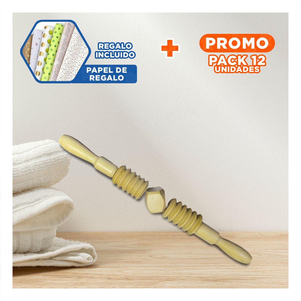 PACK12 ELEMENTO MANUAL DE MADERA 40X4,5CM MOSTAZA CON USO DIARIO Y+PAPEL REGALO - 1