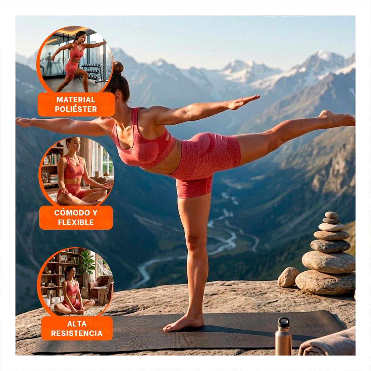 PACK6 EQUIPO YOGA TOP Y SHORT FITNESS YOGA ROJO CON COMPRESION LIGERA Y+REGALO STICKER - 3