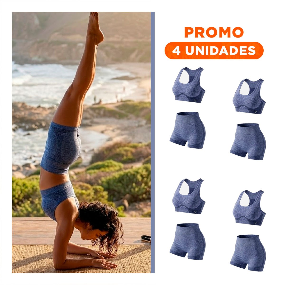 PACK4 EQUIPO DEPORTIVO TOP Y SHORT FITNESS YOGA AZUL CON TELA SUAVE Y+REGALO STICKER - 1