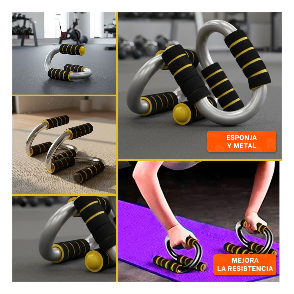 SOPORTE MUSCULAR PUSH UP EN FORMA DE S AMARILLO CON APOYO CONFORTABLE Y+POST IT - 1
