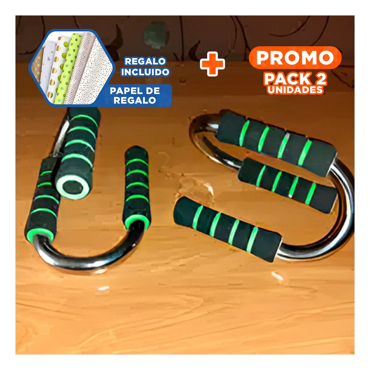 PACK2 SET FITNESS PUSH UP EN FORMA DE S VERDE CON BASE COMPACTA Y+PAPEL REGALO - 1