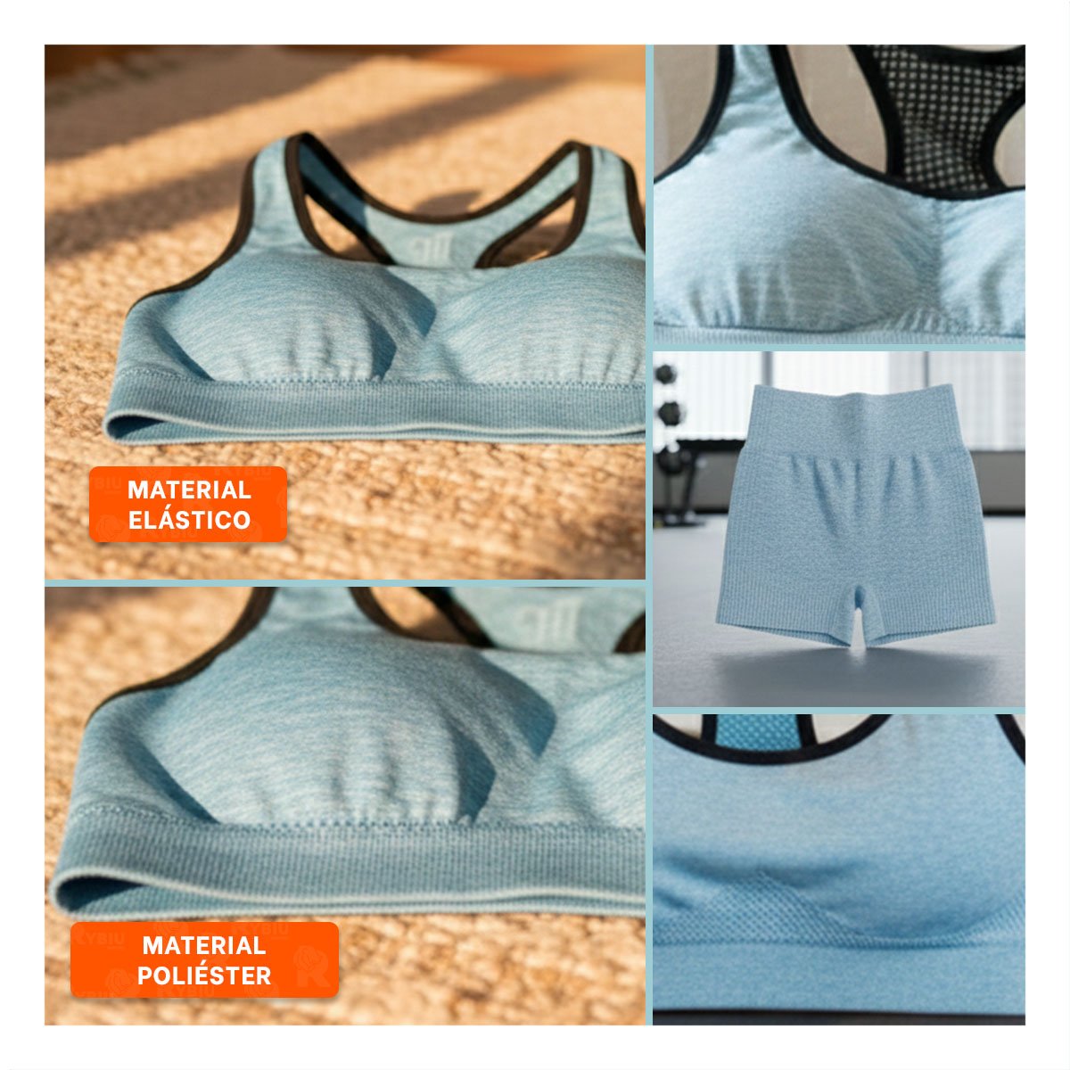 PACK4 EQUIPO DEPORTIVO TOP Y SHORT FITNESS YOGA CELESTE CON TELA SUAVE Y+REGALO STICKER - 2