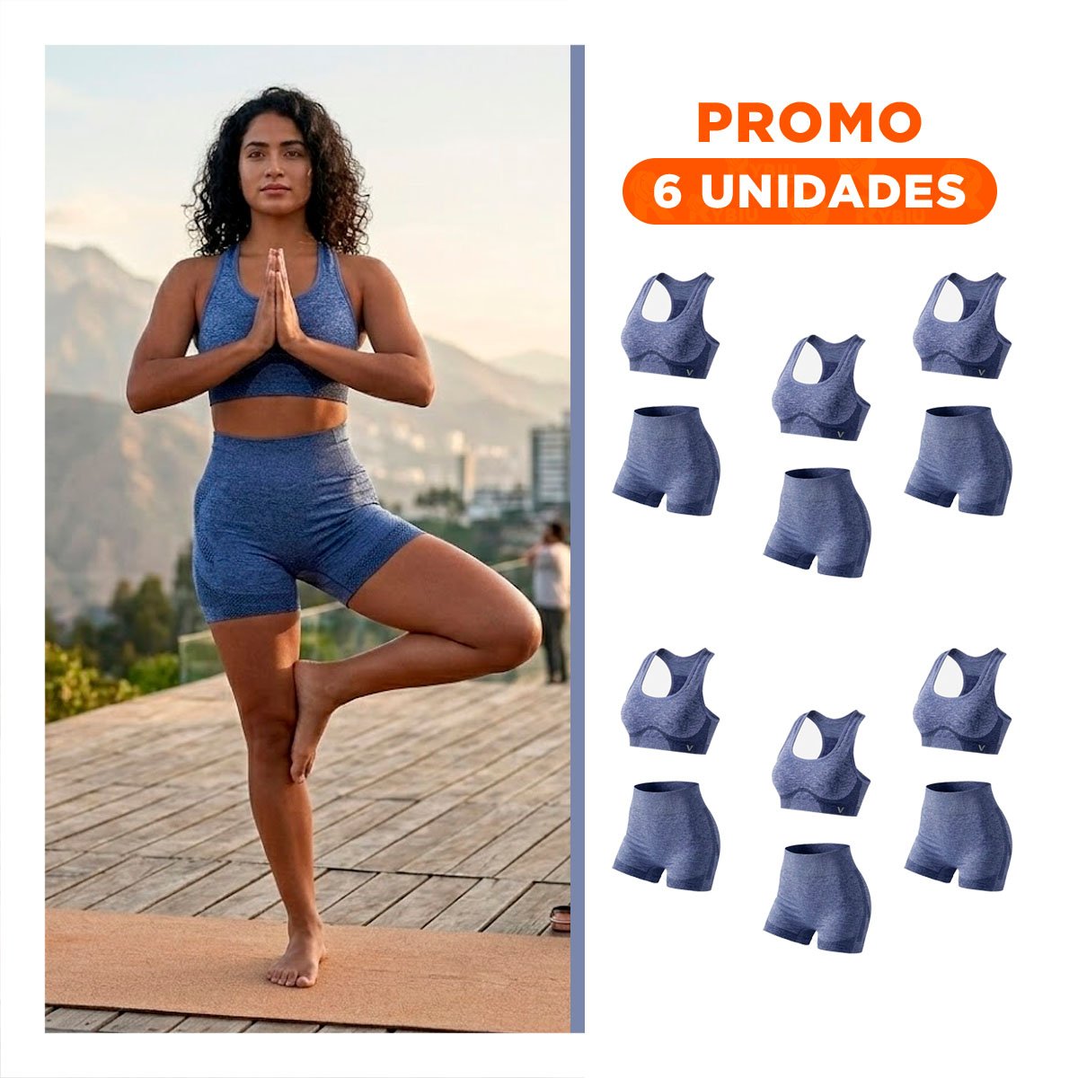 PACK6 EQUIPO ACTIVO TOP Y SHORT FITNESS YOGA AZUL CON SOPORTE MEDIO - 1