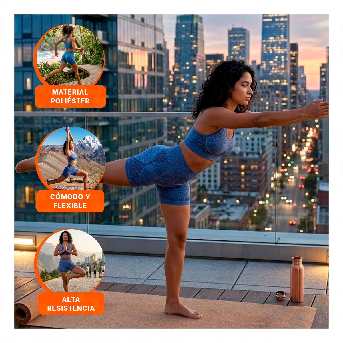 PACK6 EQUIPO YOGA TOP Y SHORT FITNESS YOGA AZUL CON COMPRESION LIGERA Y+REGALO STICKER - 3