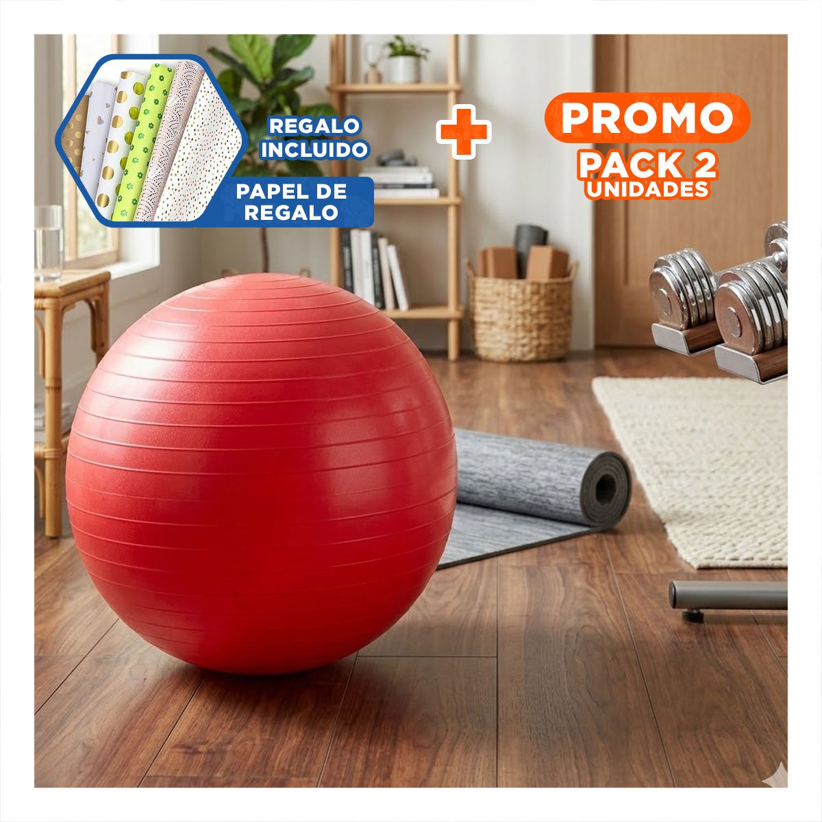 PACK2 PELOTON DE YOGA 65CM ROJO ANTIDESLIZANTE PARA ENTRENAMIENTO Y+PAPEL REGALO - 1