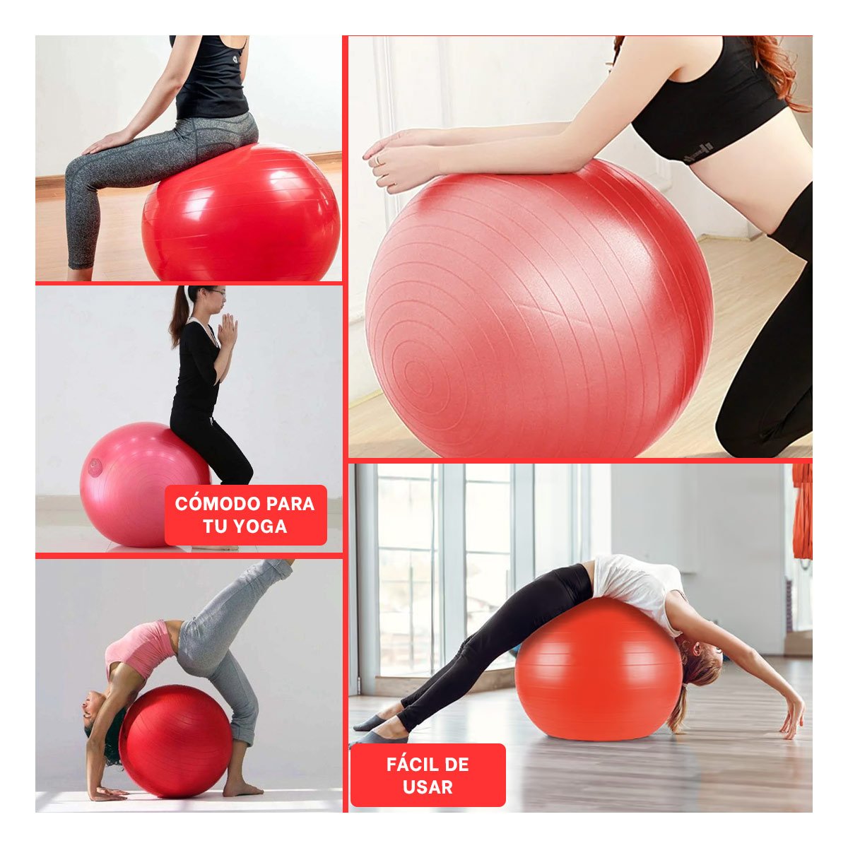 PACK2 PELOTON DE YOGA 65CM ROJO ANTIDESLIZANTE PARA ENTRENAMIENTO Y+PAPEL REGALO - 3