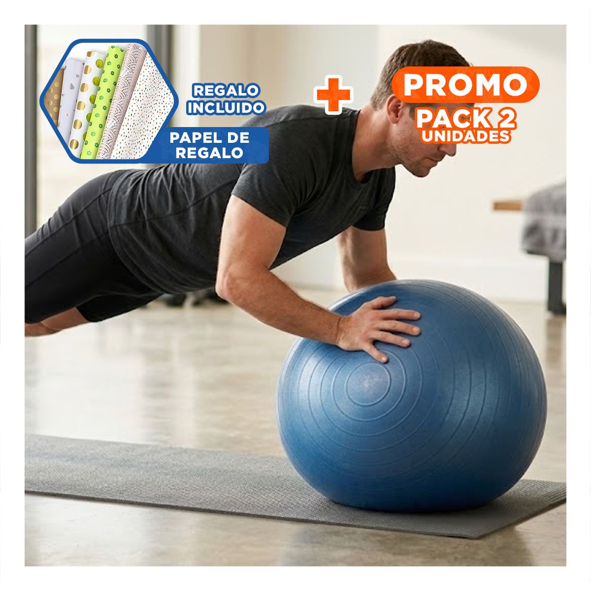 PACK2 PELOTON FITNESS 75CM AZUL PROFESIONAL PARA GIMNASIO Y+PAPEL REGALO - 1
