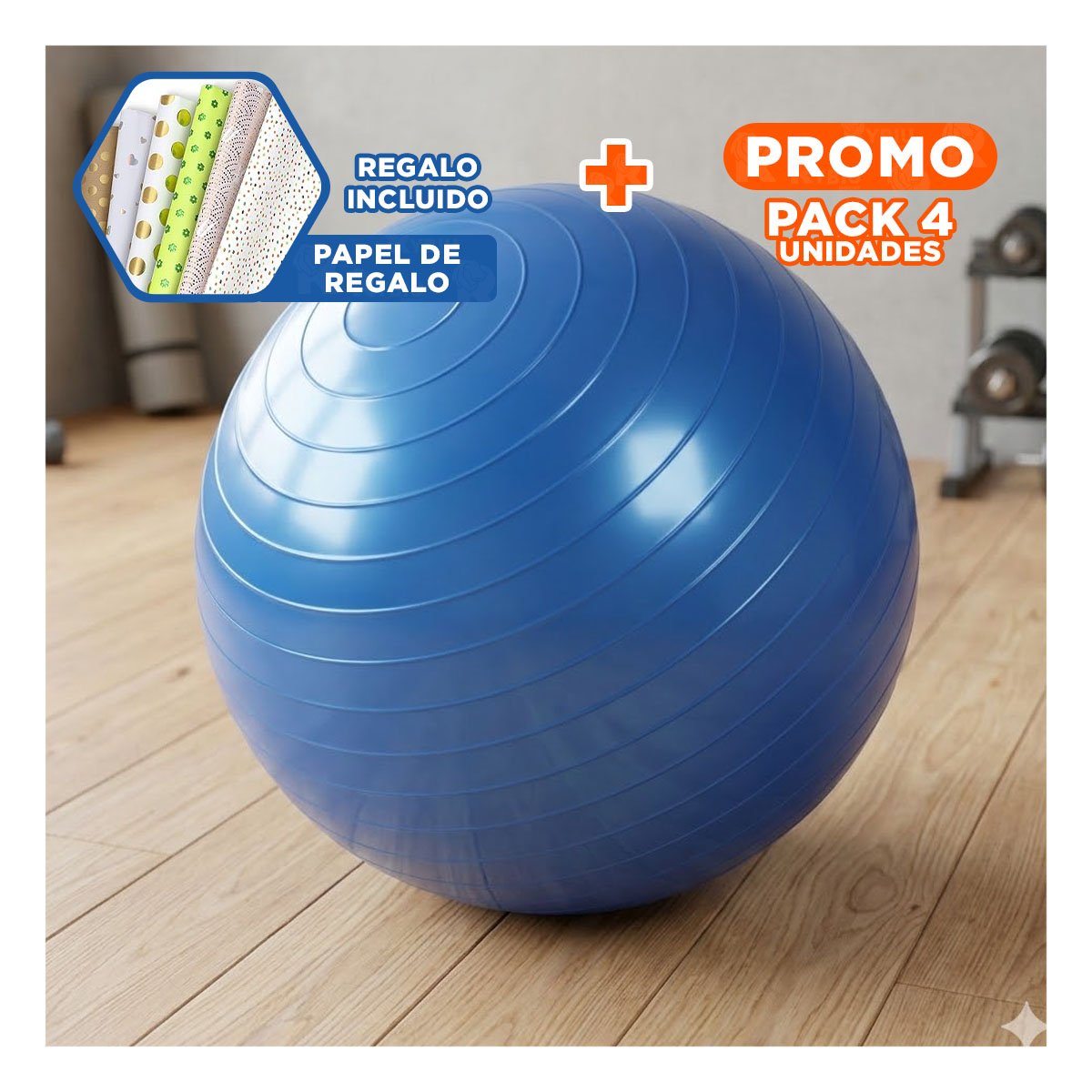 PACK4 PELOTON DE EJERCICIO 75CM AZUL RESISTENTE PARA RUTINAS Y+PAPEL REGALO - 1