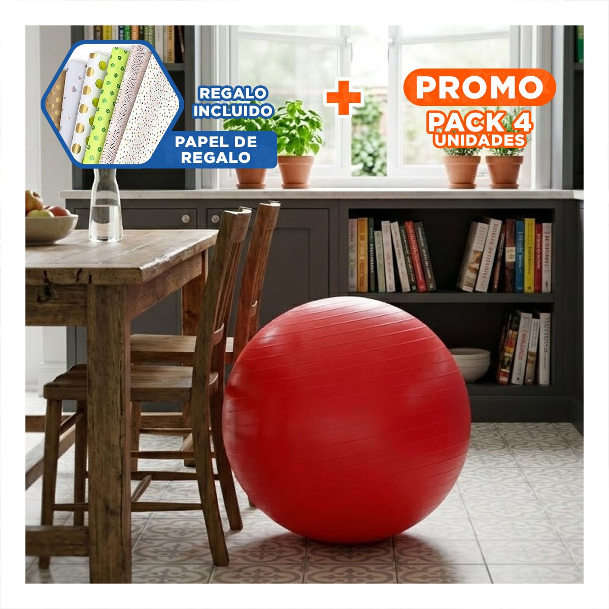 PACK4 PELOTON DE PILATES 65CM ROJO GRUESO PARA CORE Y+PAPEL REGALO - 1