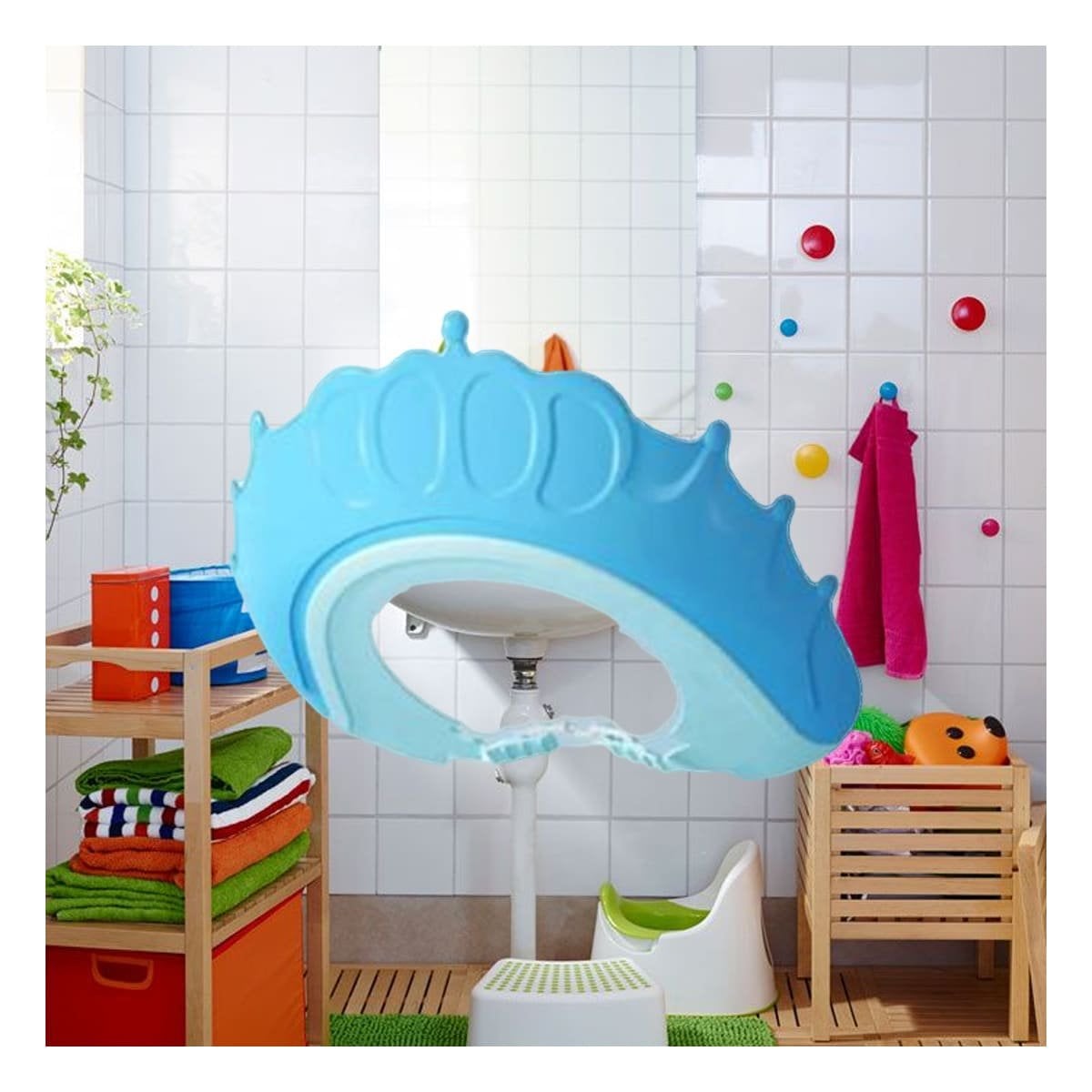 ESCUDO PROTECTOR DE DUCHA AJUSTABLE PARA NINOS CELESTE MOL 2 Y+LIGAS REGALO - 1