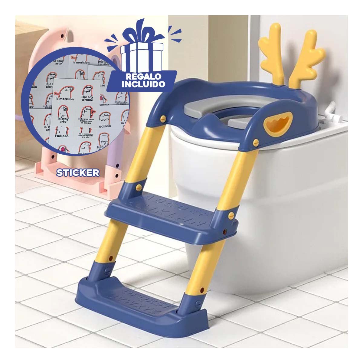 UNIDAD DE INODORO CON ESCALERA AZUL Y AMARILLO DISEÑO OREJITAS Y+REGALO STICKER - 1