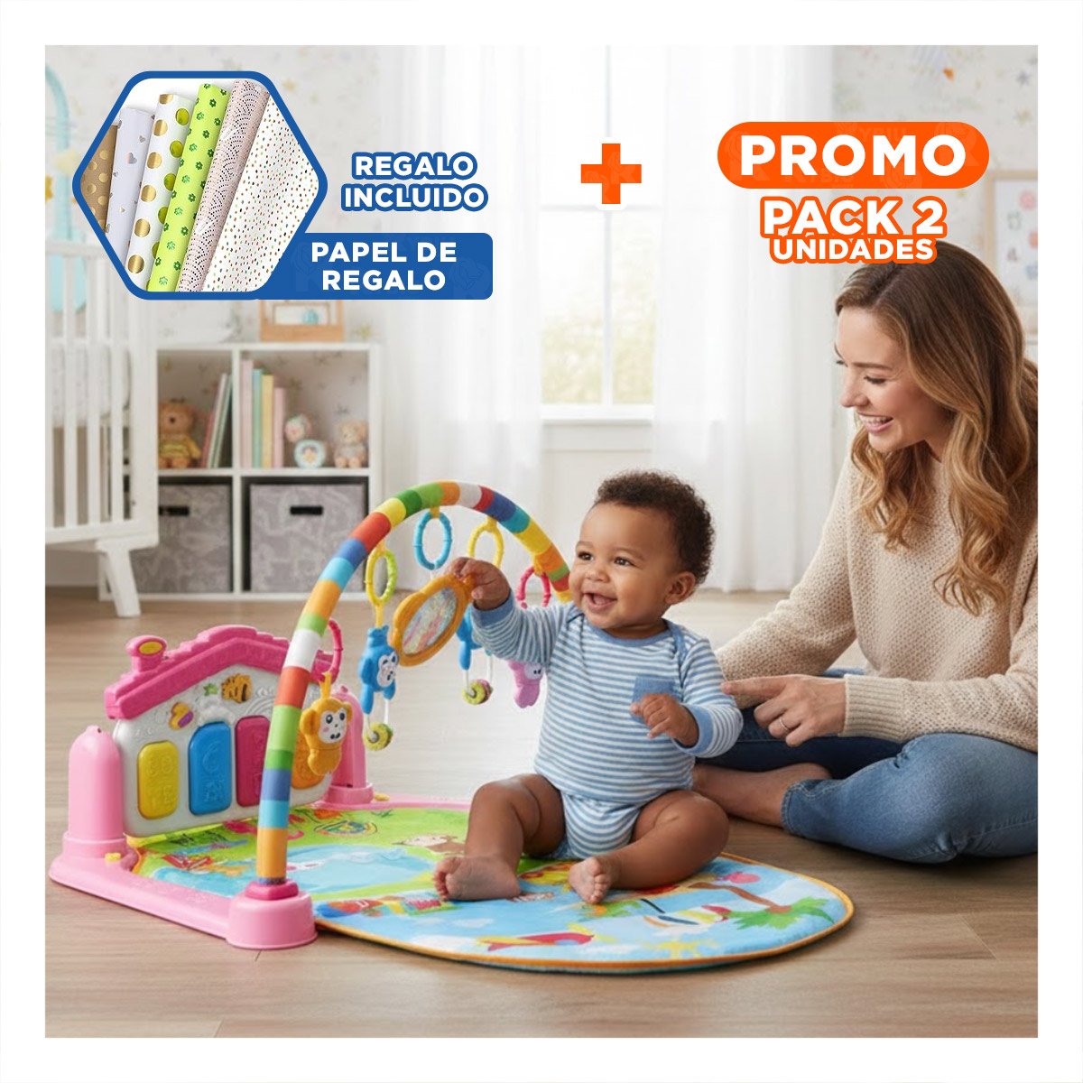 PACK2 ALFOMBRA DE JUEGO PARA BEBE CON ARCO PIANO CASITA ROSADO HUANGER Y+PAPEL REGALO - 1
