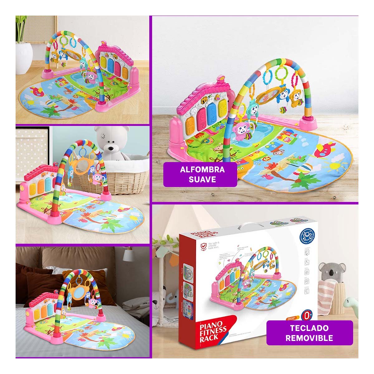 PACK2 ALFOMBRA DE JUEGO PARA BEBE CON ARCO PIANO CASITA ROSADO HUANGER Y+PAPEL REGALO - 3