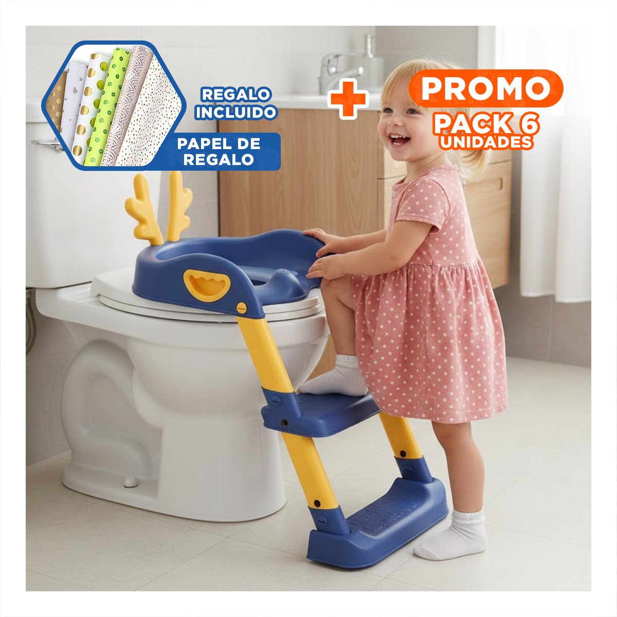 PACK6 SOPORTE DE INODORO CON ESCALERA AZUL Y AMARILLO OREJITAS Y+PAPEL REGALO - 1