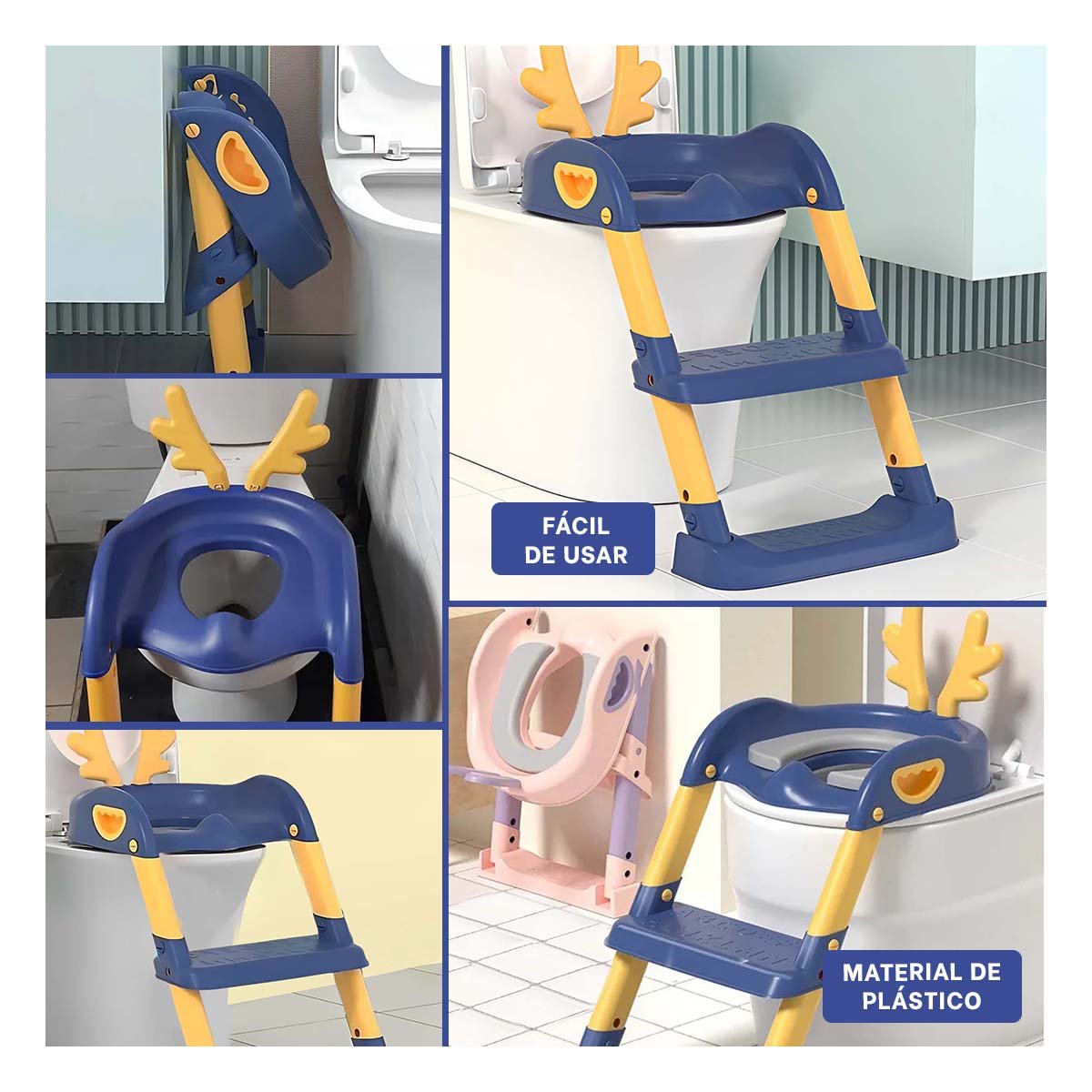 PACK6 SOPORTE DE INODORO CON ESCALERA AZUL Y AMARILLO OREJITAS Y+PAPEL REGALO - 3
