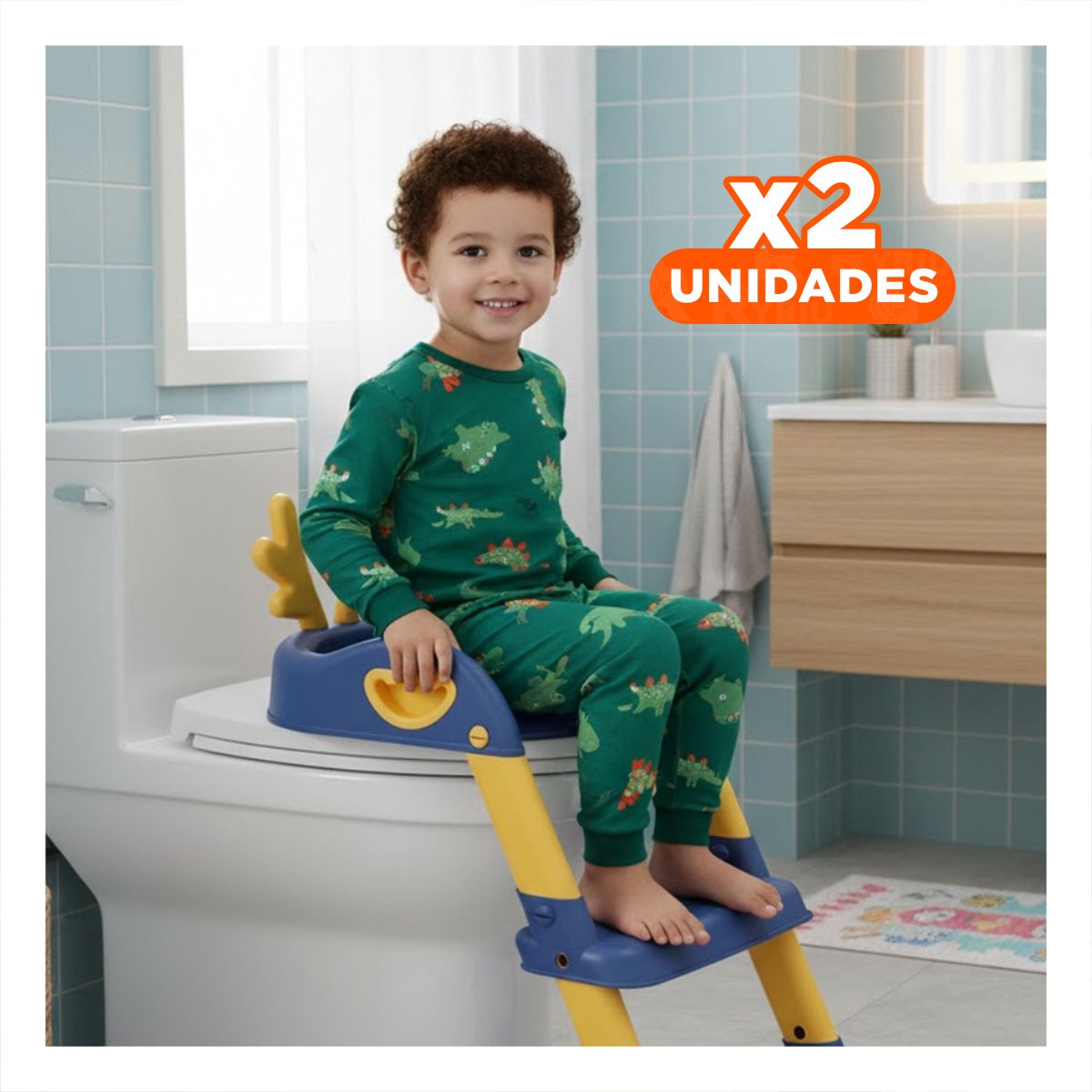 PACK2 SILLA ENTRENADORA DE BANO CON ESCALERA AZUL Y AMARILLO OREJITAS Y+REGALO STICKER - 1