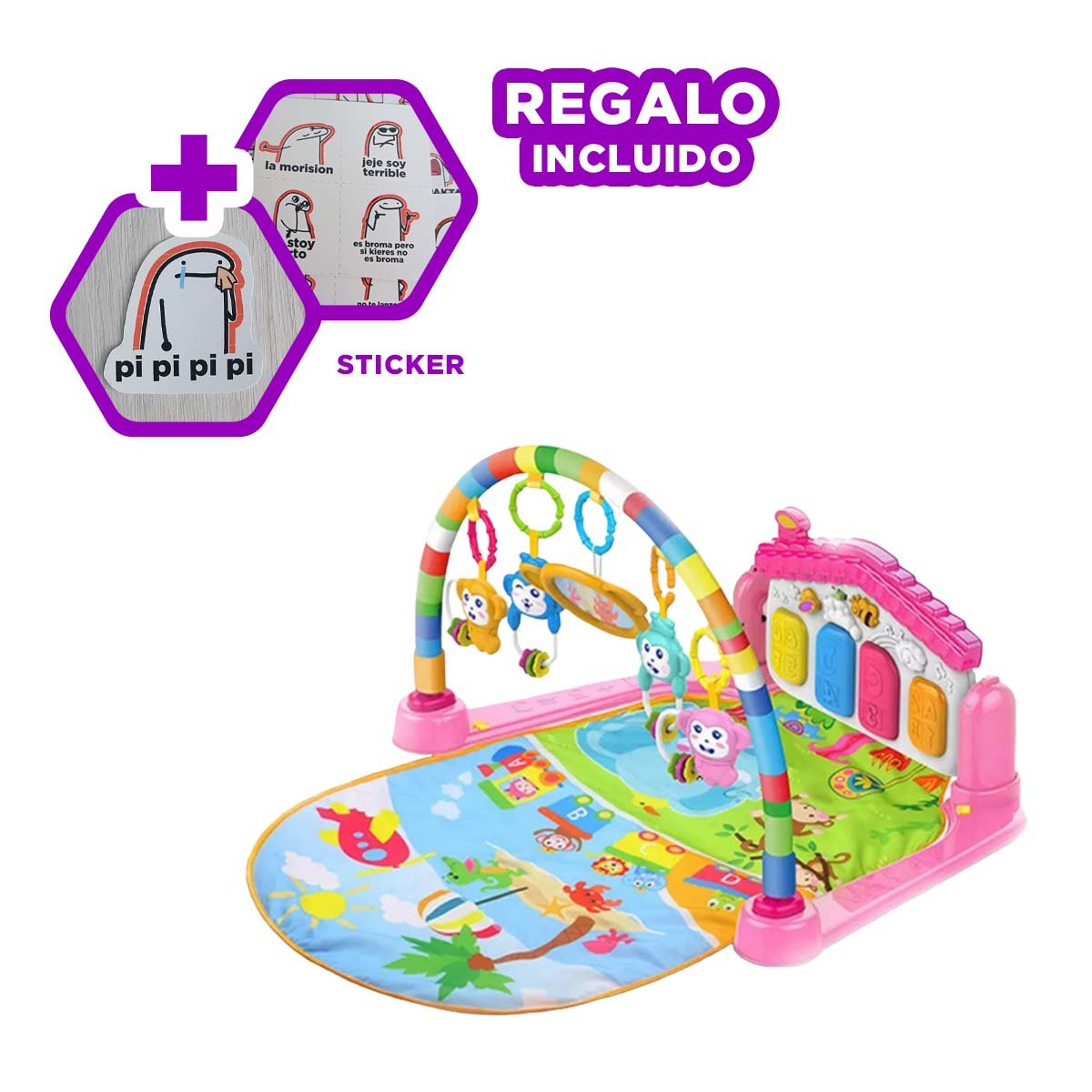 SISTEMA DE ESTIMULACION PARA BEBE CON PIANO CASITA ROSADO HUANGER Y+REGALO STICKER - 1