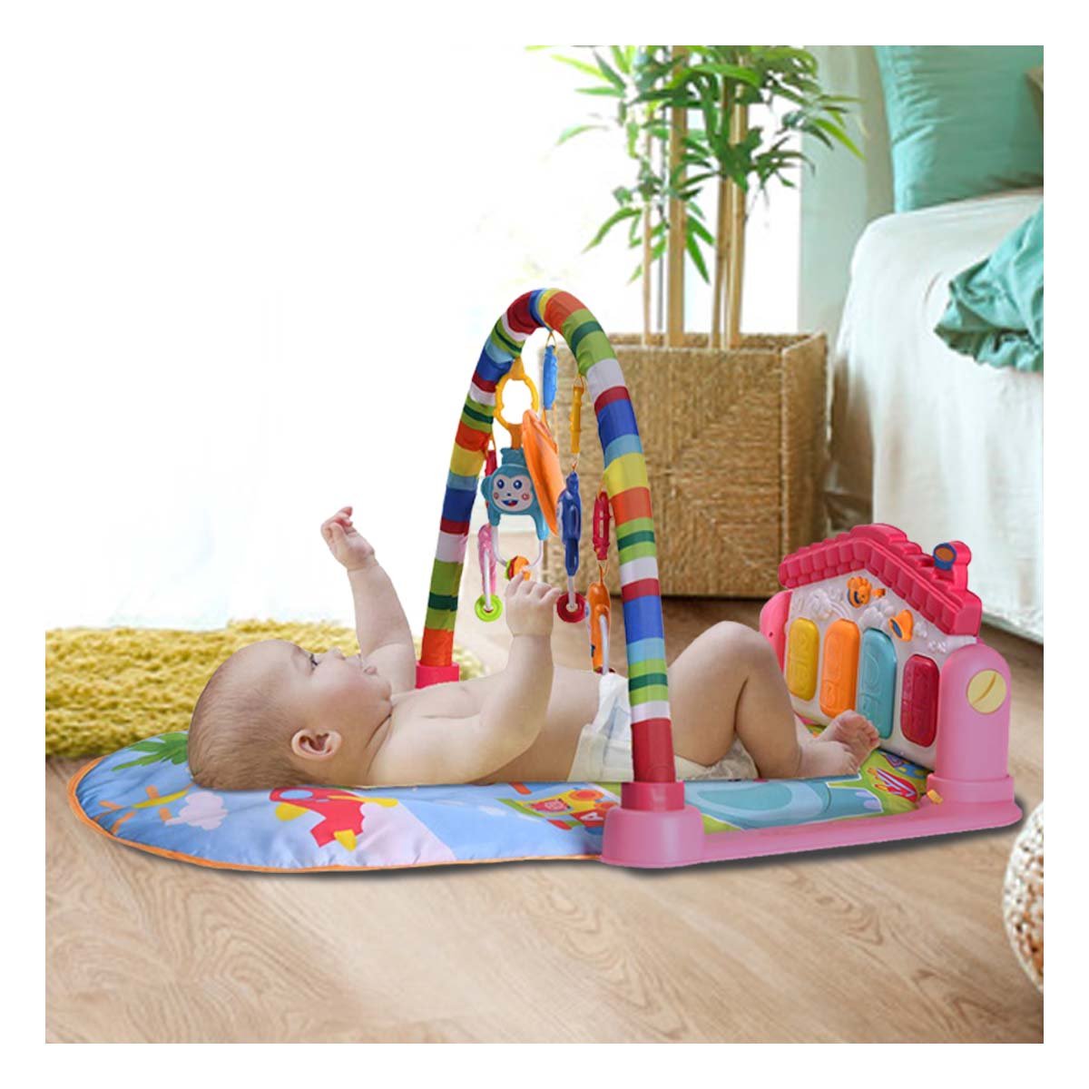 SISTEMA DE ESTIMULACION PARA BEBE CON PIANO CASITA ROSADO HUANGER Y+REGALO STICKER - 5