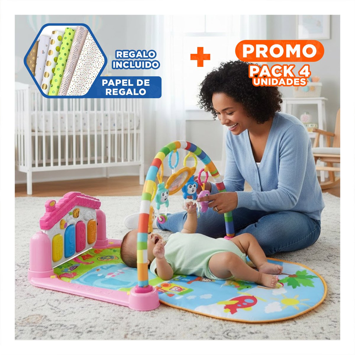 PACK4 MODULO DE ACTIVIDADES PARA BEBE CON ARCO PIANO ROSADO HUANGER Y+PAPEL REGALO - 1