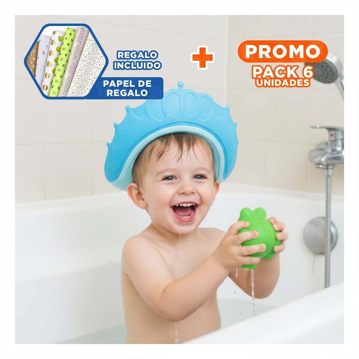 PACK6 CUBRE CABEZA DE DUCHA AJUSTABLE PARA NINOS CELESTE MOL 2 SEGURO Y+PAPEL REGALO - 1