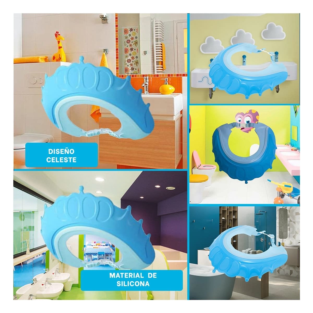 PACK6 CUBRE CABEZA DE DUCHA AJUSTABLE PARA NINOS CELESTE MOL 2 SEGURO Y+PAPEL REGALO - 3