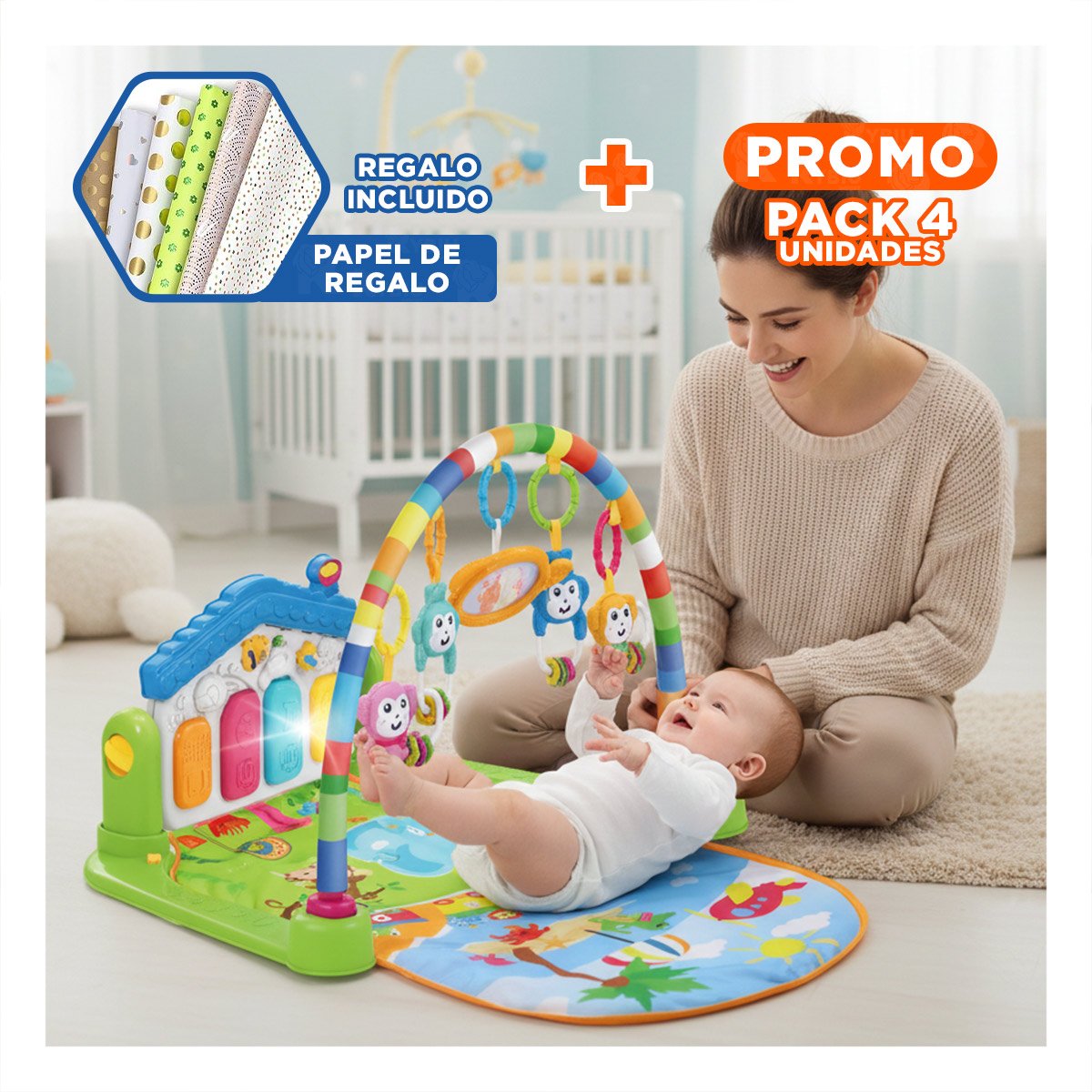 PACK4 MODULO DE ACTIVIDADES PARA BEBE CON ARCO PIANO VERDE HUANGER Y+PAPEL REGALO - 1