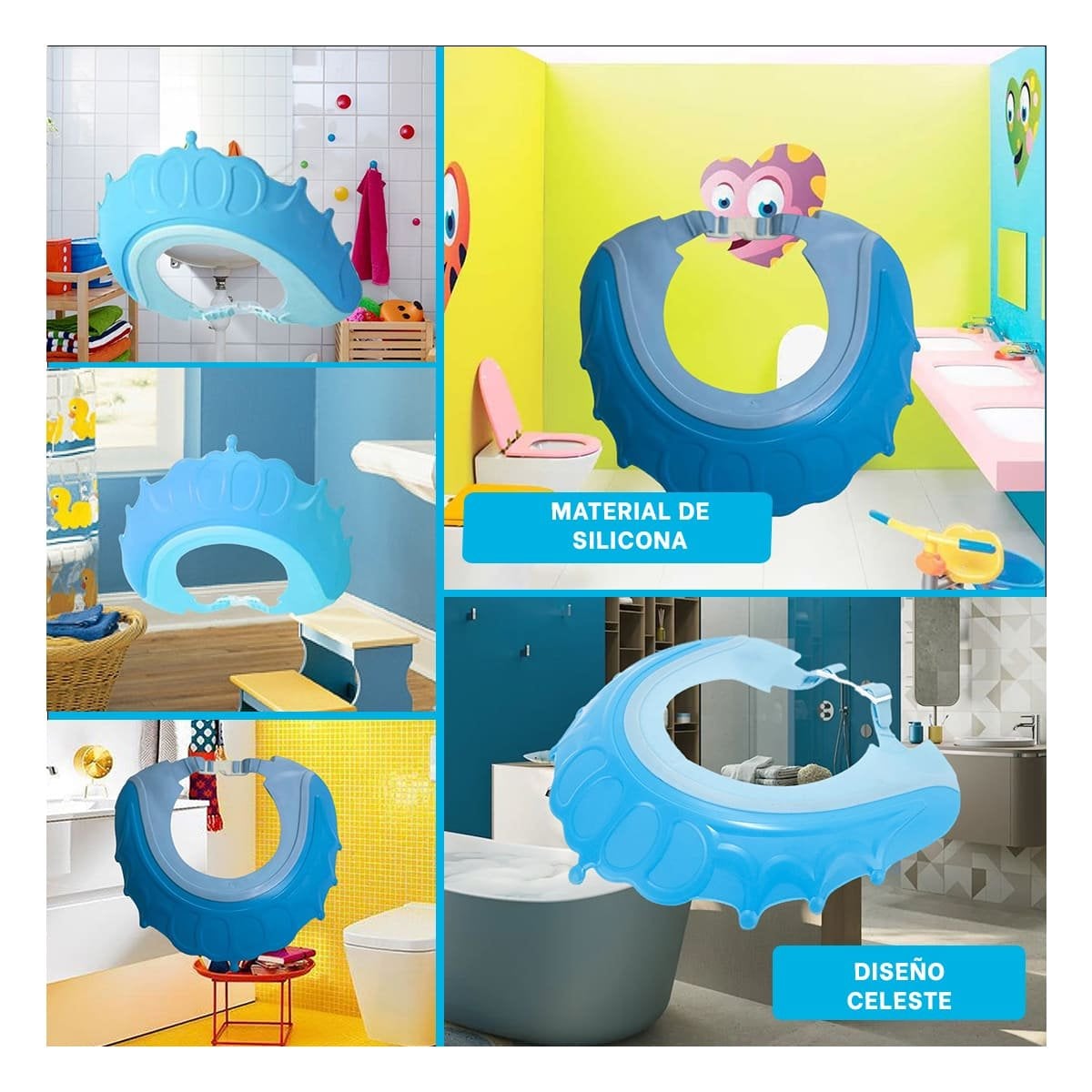 PACK4 DEFENSA DE DUCHA AJUSTABLE PARA NINOS CELESTE MOL 2 MATERIAL FLEXIBLE Y+REGALO STICKER - 2
