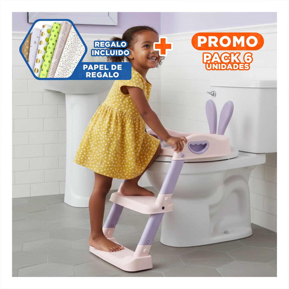 PACK6 SOPORTE DE INODORO CON ESCALERA ROSADO Y LILA OREJITAS Y+PAPEL REGALO - 1