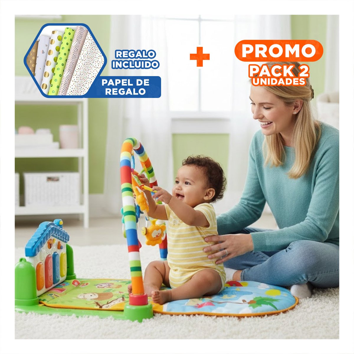 PACK2 ALFOMBRA DE JUEGO PARA BEBE CON ARCO PIANO CASITA VERDE HUANGER Y+PAPEL REGALO - 1