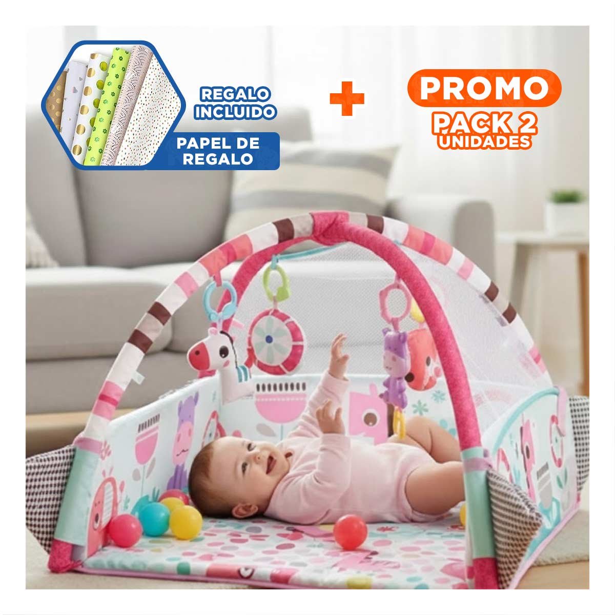 PACK2 CENTRO INTERACTIVO CON PISCINA DE PELOTAS 5 EN 1 ROSADO PARA BEBE Y+PAPEL REGALO - 1