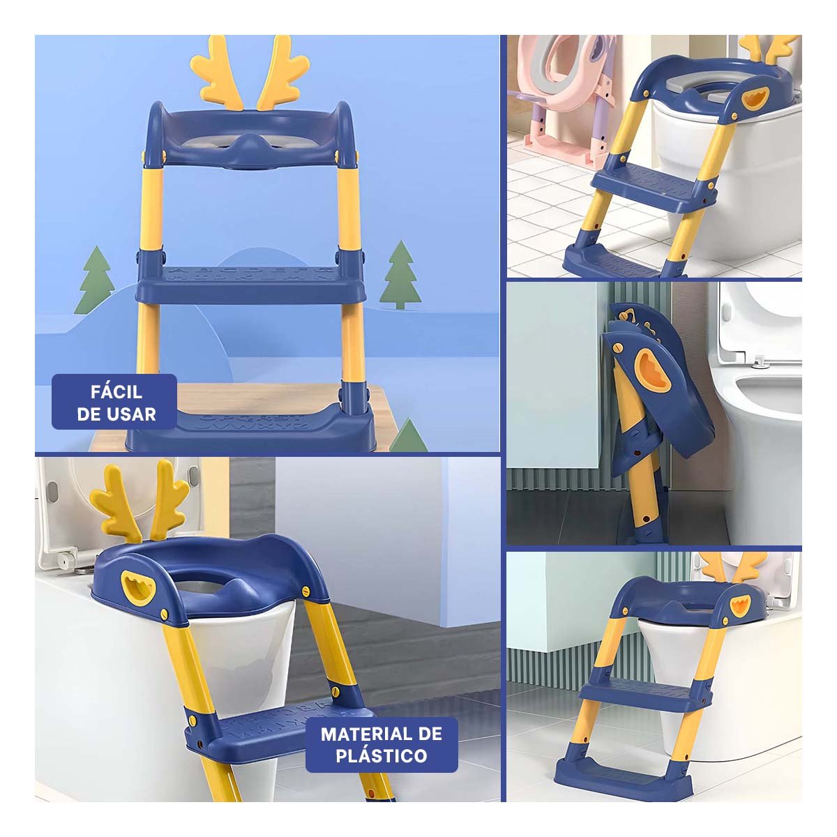 ACCESORIO DE INODORO INFANTIL CON ESCALERA AZUL Y AMARILLO OREJITAS - 5