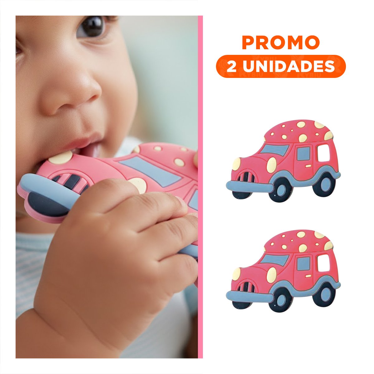 PACK2 MORDEDOR INFANTIL DE SILICONA CON DISEÑO DE CARRO Y PUNTOS ROJO - 1