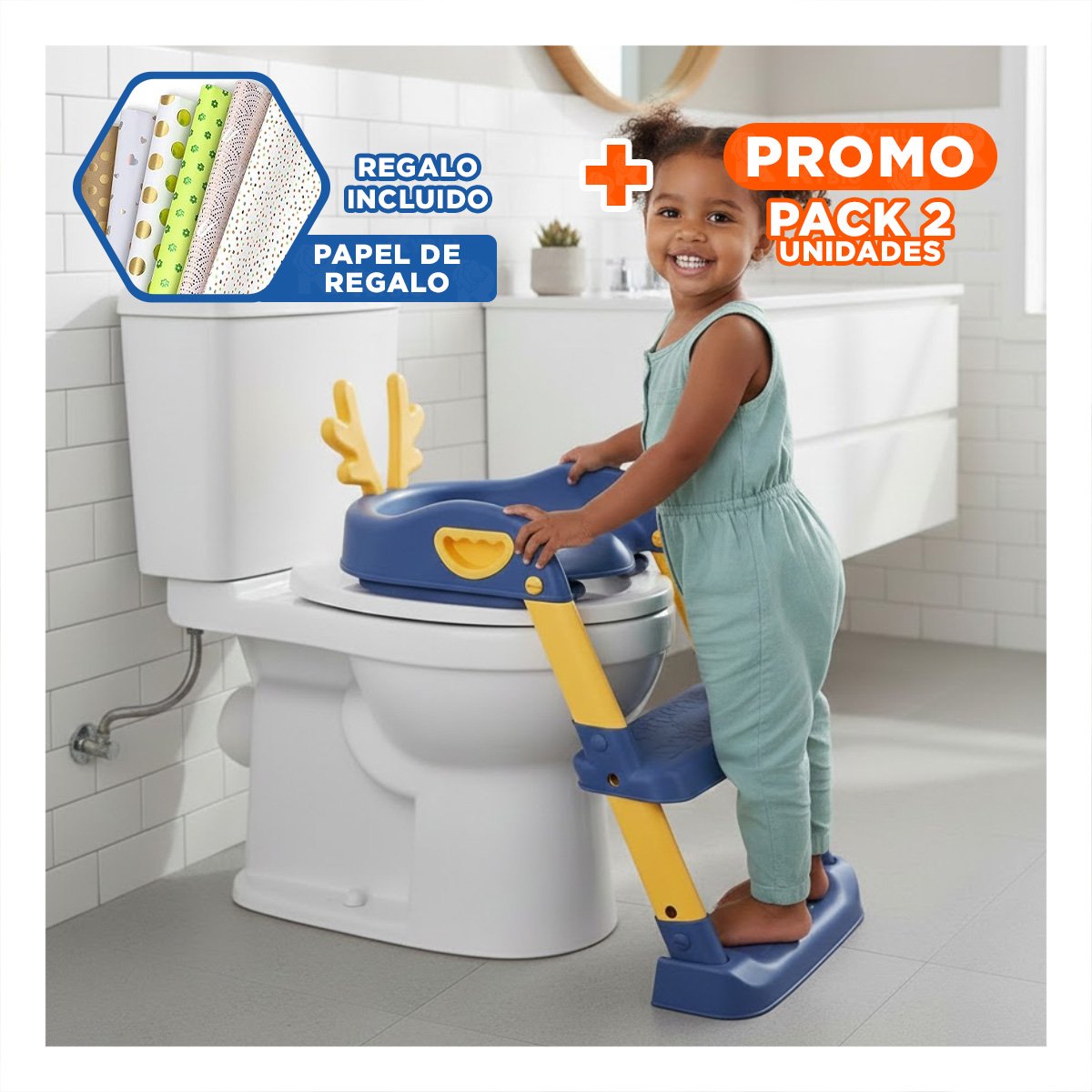 PACK2 ESCALON DE INODORO INFANTIL CON ASIENTO AZUL Y AMARILLO OREJITAS Y+PAPEL REGALO - 1