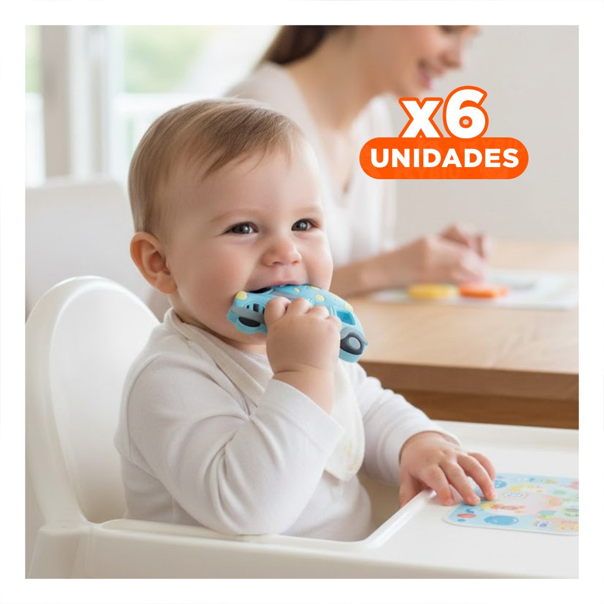 PACK6 COMPLEMENTO DE DENTICION INFANTIL EN SILICONA CARRO CELESTE Y+REGALO STICKER - 1
