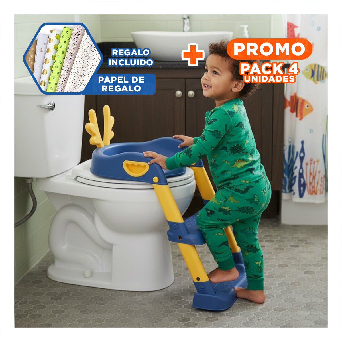 PACK4 SISTEMA DE INODORO INFANTIL CON ESCALERA AZUL Y AMARILLO OREJITAS Y+PAPEL REGALO - 1