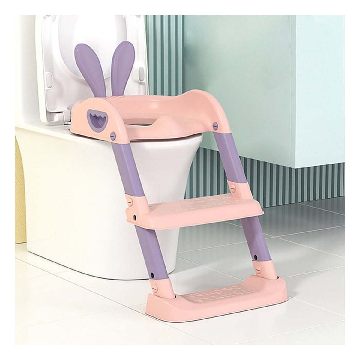 KIT DE INODORO CON ESCALERA ROSADO Y LILA MODELO OREJITAS Y+LIGAS REGALO - 2