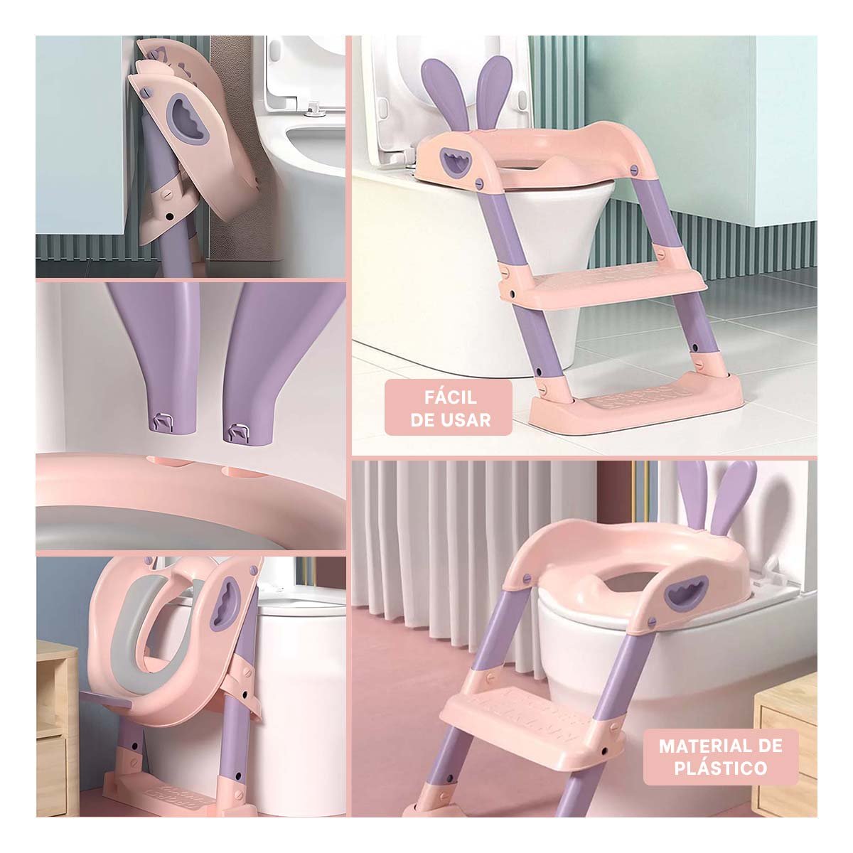 KIT DE INODORO CON ESCALERA ROSADO Y LILA MODELO OREJITAS Y+LIGAS REGALO - 5
