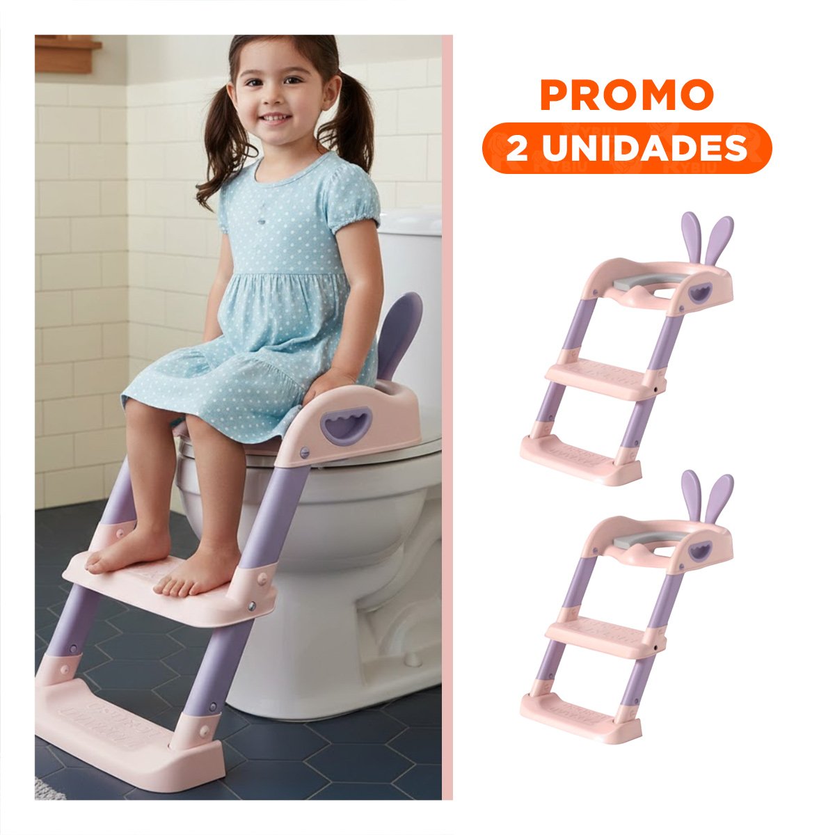 PACK2 ASIENTO DE INODORO CON ESCALERA ROSADO Y LILA OREJITAS - 1