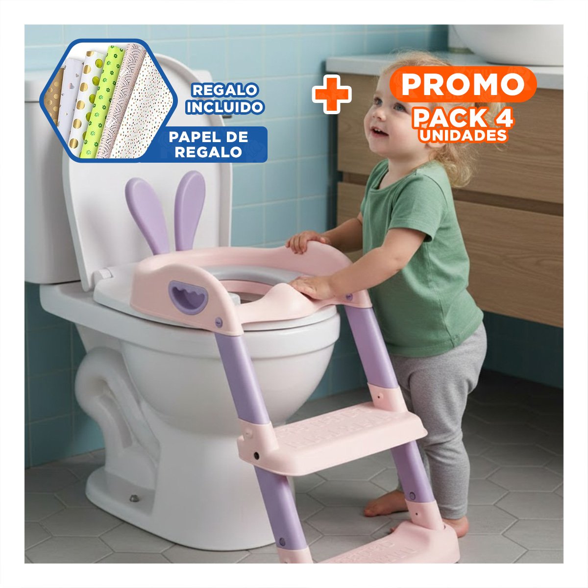 PACK4 SISTEMA DE INODORO INFANTIL CON ESCALERA ROSADO Y LILA OREJITAS Y+PAPEL REGALO - 1