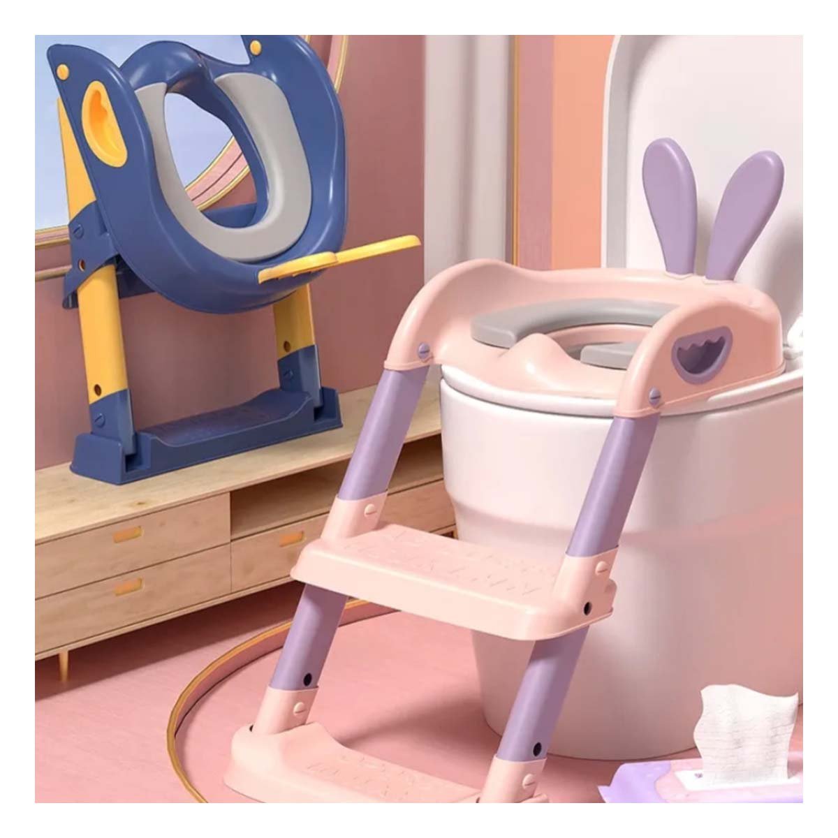 PACK4 SISTEMA DE INODORO INFANTIL CON ESCALERA ROSADO Y LILA OREJITAS Y+PAPEL REGALO - 2