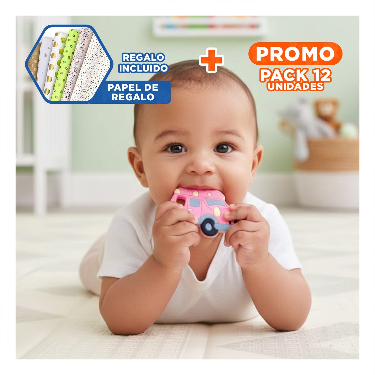 PACK12 ACCESORIO INFANTIL DE DENTICION EN SILICONA CARRO ROSADO Y+PAPEL REGALO - 1