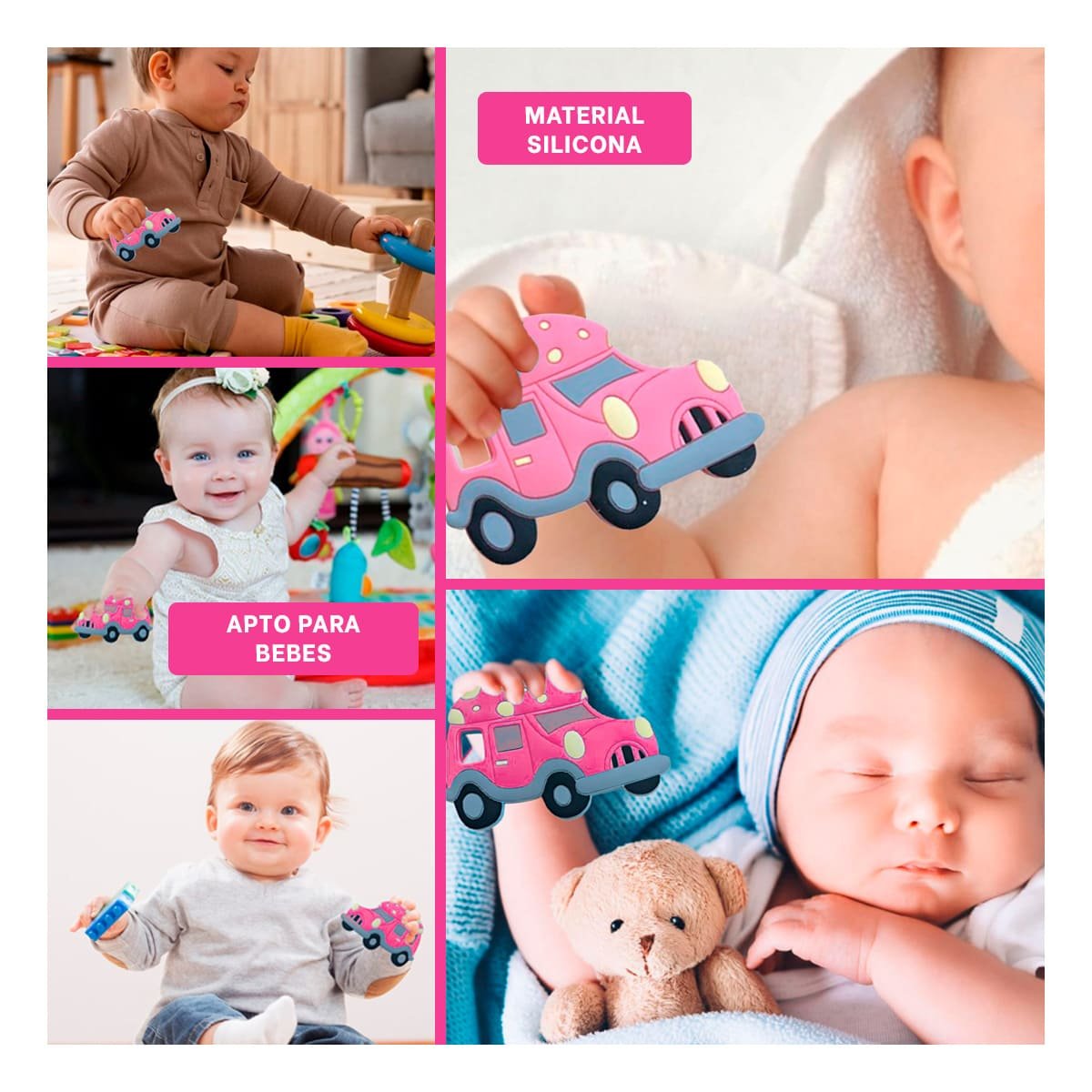 PACK12 ACCESORIO INFANTIL DE DENTICION EN SILICONA CARRO ROSADO Y+PAPEL REGALO - 2